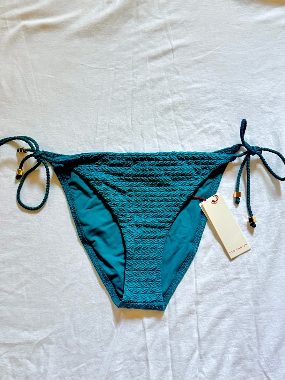 Textured Teal Tie-Side Bikini Bottom - Red Carter Size XL Gold Tone Beads